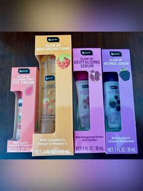 Glow Up Skin Care Quad Eye Cream, Toner,  Revitalizing Serum, and Retinol Serum